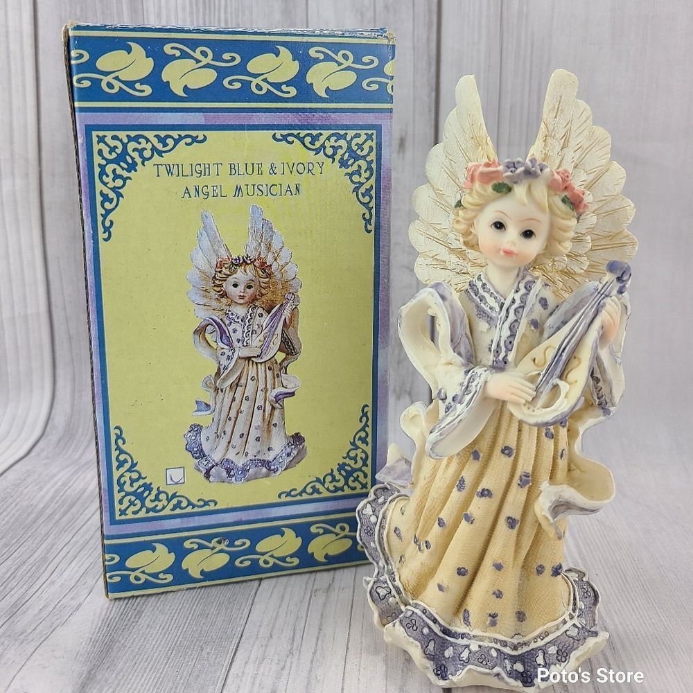 Heavenly Helpers  Twilight Blue & Ivory Angel Musician Figurine Sash mandolin 6"